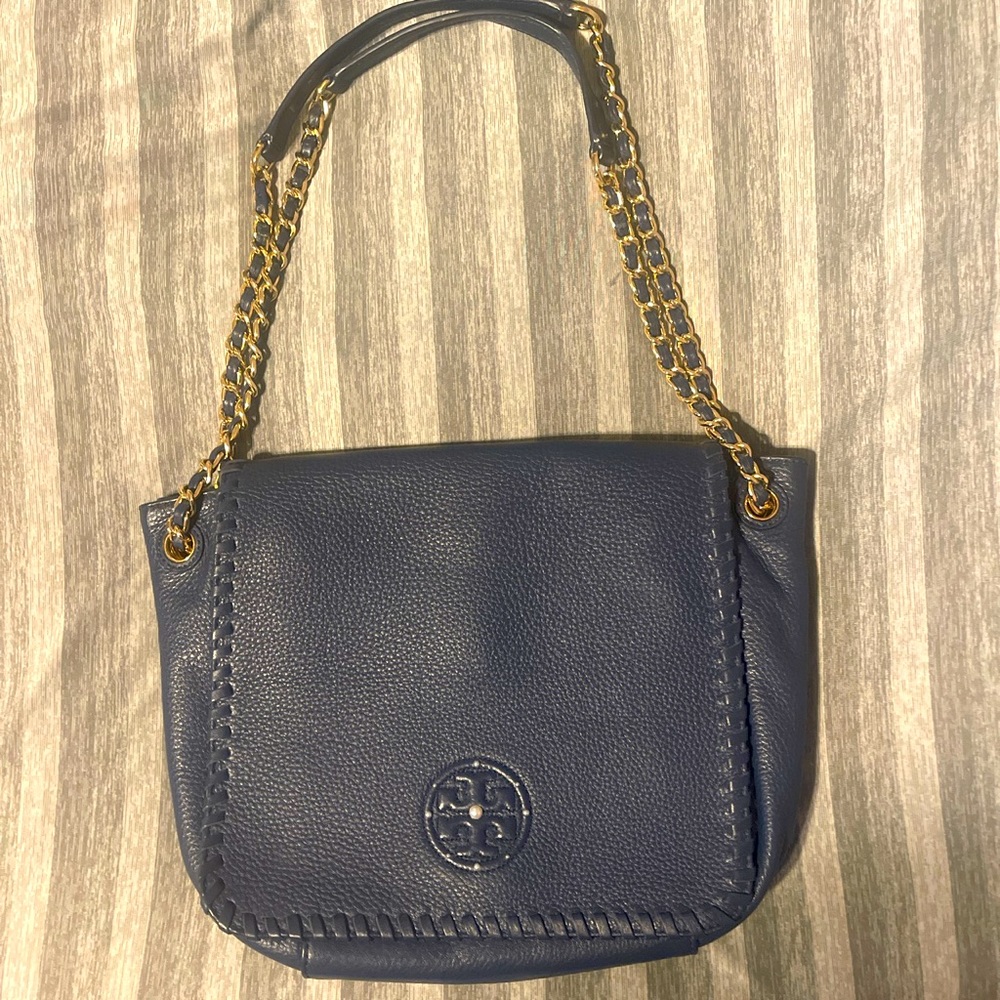 Navy Blue Reworked Vintage Designed Tory Burch Bag with custom pearl detailing!!